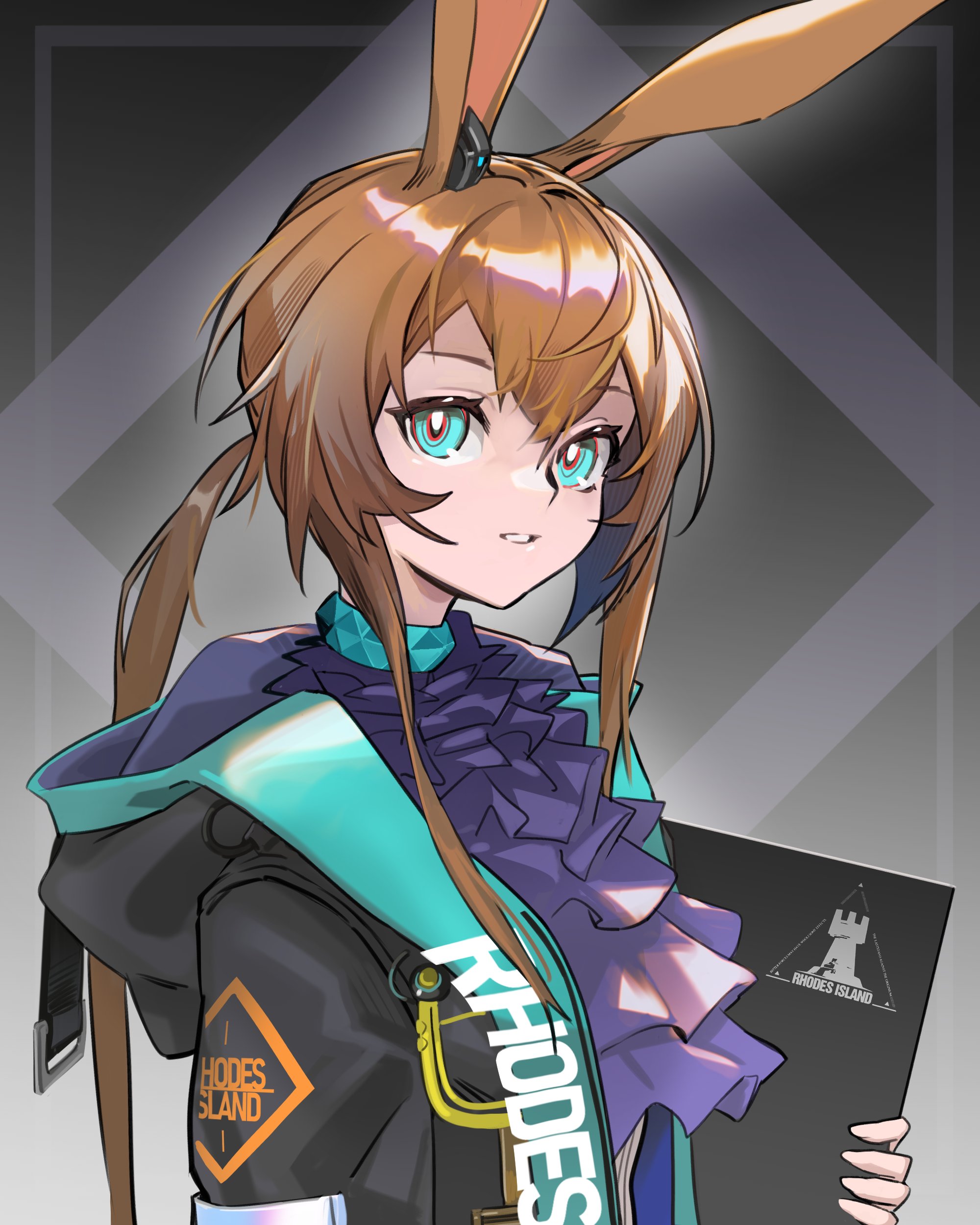 rukomata 99, amiya (arknights), arknights, absurdres, commentary, highres, 1girl, animal ears, black jacket, blue eyes, brown hair, double-parted bangs, grey background, hair between eyes, holding, hood, hood down, hooded jacket, jacket, long hair, looking at viewer, open clothes, open jacket, parted lips, rabbit ears, sidelocks, solo, upper body
