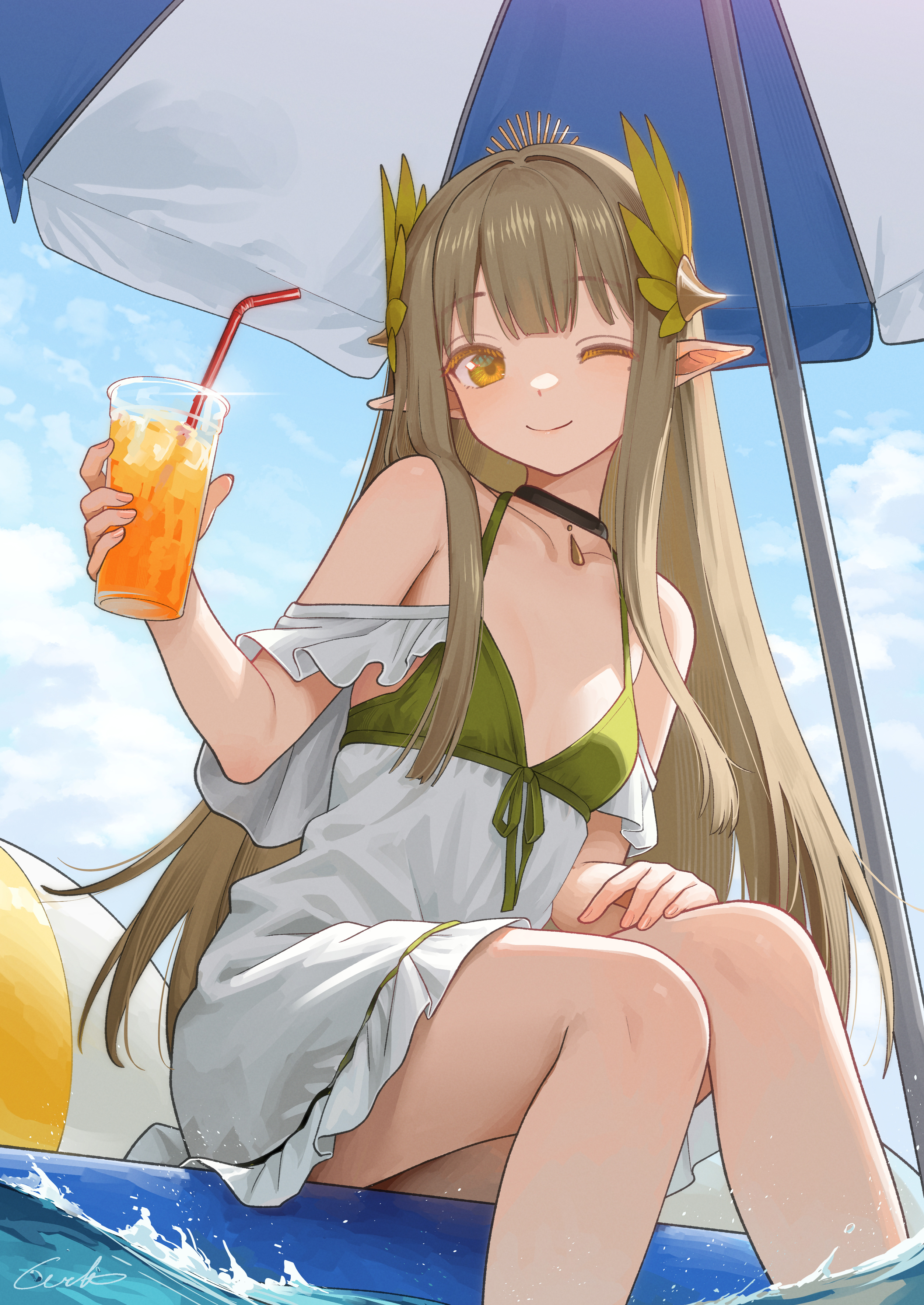welt (kinsei koutenkyoku), muelsyse (arknights), arknights, absurdres, highres, 1girl, beach umbrella, black choker, choker, cup, dress, drinking straw, elf, holding, holding cup, long hair, mole, mole under eye, one eye closed, pointy ears, sitting, smile, solo, umbrella, water, white dress
