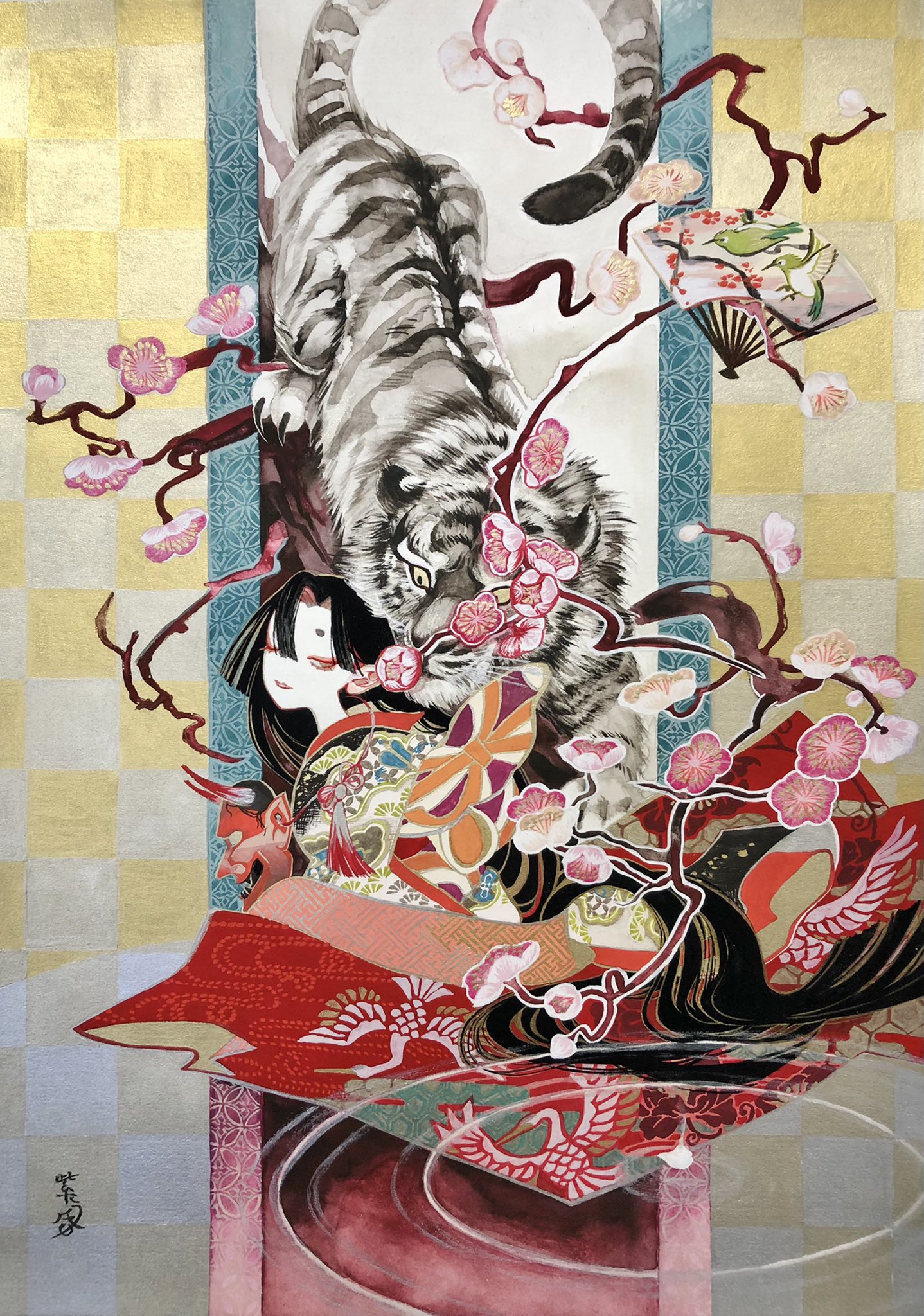 shiguretau, original, highres, 1girl, ;|, animal print, black hair, branch, cherry blossoms, colored skin, eyelashes, furisode, furisode sleeves, hand fan, hiki furisode, japanese clothes, kimono, kneeling, long hair, looking to the side, mask, narrowed eyes, obi, one eye closed, oni mask, paper fan, parted lips, print kimono, sash, sidelocks, signature, solo, thick eyebrows, tiger, very long hair, white skin, white tiger, wide sleeves, yellow eyes