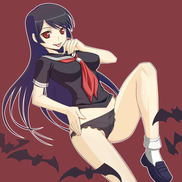 caryo, nanashino, kamura reiri, kaibutsu oujo, 00s, 1girl, :p, bat (animal), black hair, bobby socks, fangs, female focus, long legs, panties, red eyes, school uniform, serafuku, shoes, socks, solo, tongue, tongue out, underwear, vampire