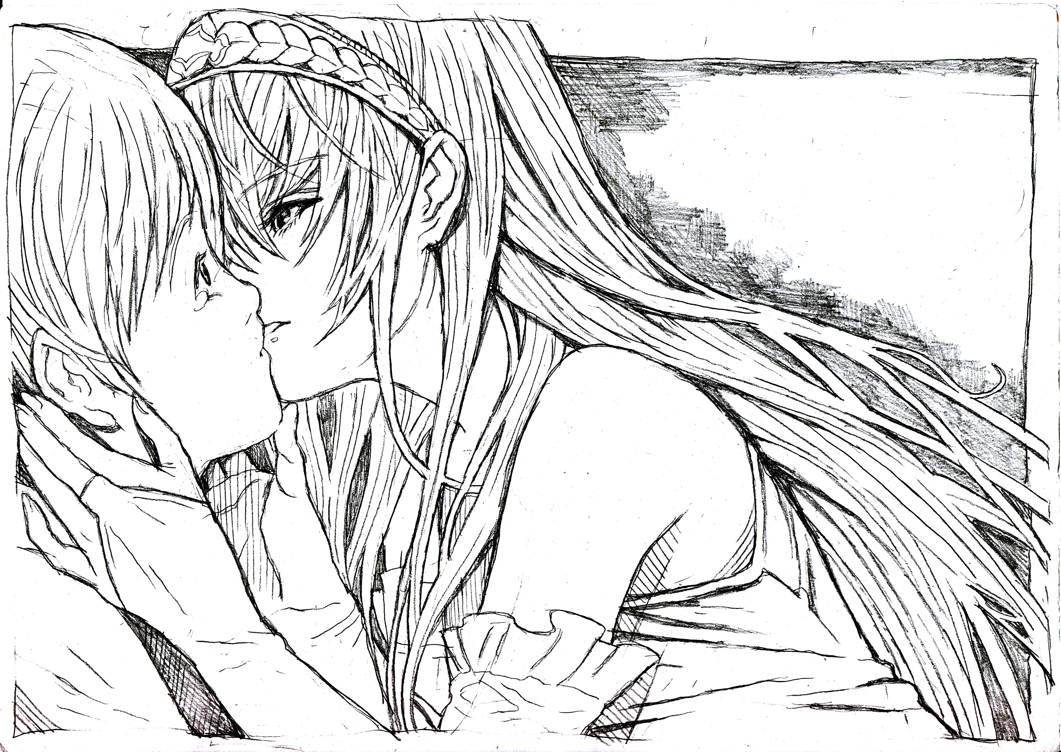 nobita (makoto7060355), hime (kaibutsu oujo), hiyorimi hiro, kaibutsu oujo, absurdres, bad id, bad pixiv id, highres, traditional media, 00s, greyscale, kiss, monochrome