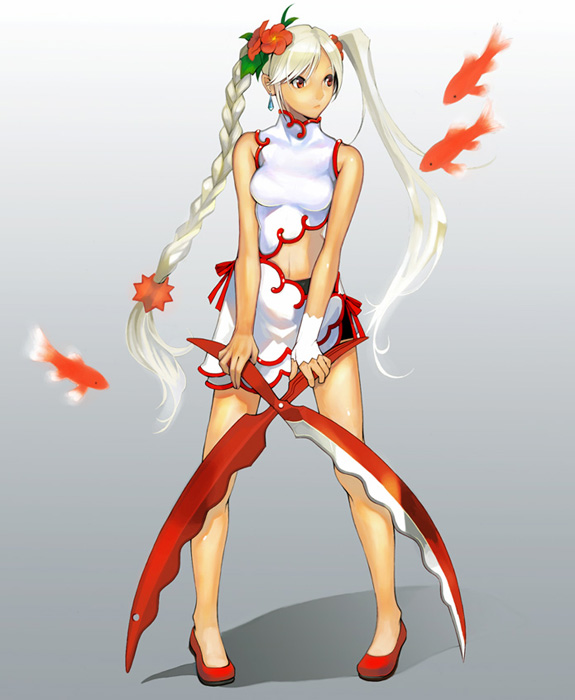 tsujisaki, bad id, bad pixiv id, braid, dress, fish, goldfish, hair ornament, long hair, scissors, sleeveless, solo, twintails, white hair