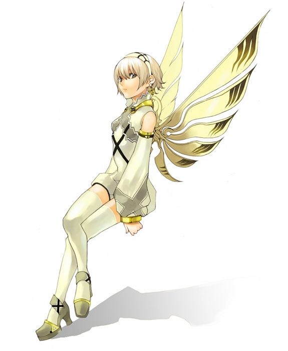 tsujisaki, bad id, bad pixiv id, detached sleeves, dress, hairband, short hair, simple background, solo, thighhighs, white background, wings, zettai ryouiki