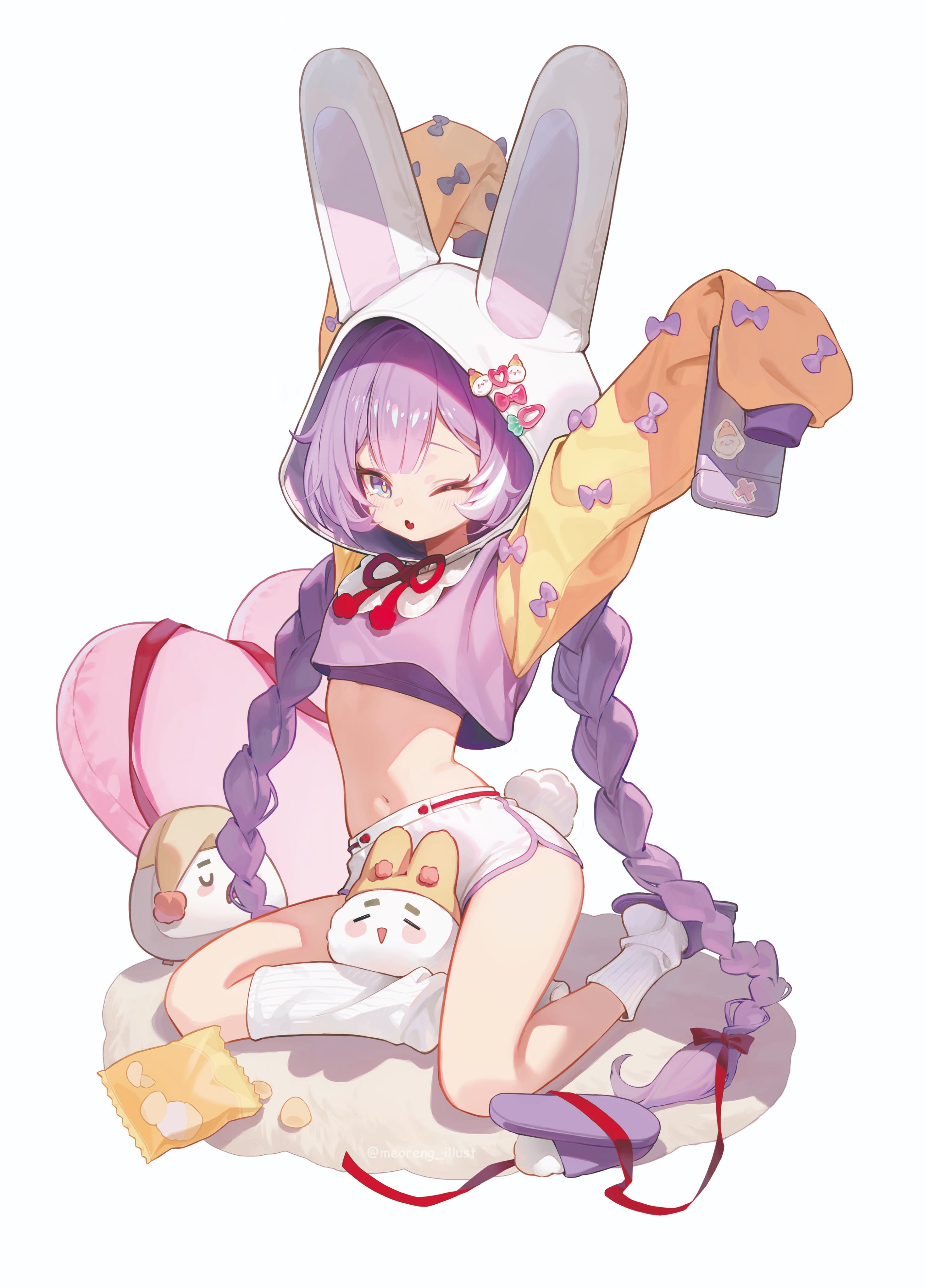 meoreng illust, tenko shibuki, stellive, braided twintails, absurdres, commentary request, highres, korean commentary, 1girl, :o, animal ear hood, arms up, bag of chips, bow, braid, bright pupils, cellphone, center-flap bangs, chips (food), creature, cropped hoodie, dolphin shorts, double-parted bangs, fake animal ears, fang, food, full body, holding, holding phone, hood, hood ornament, hoodie, inari (tenko shibuki), long hair, long sleeves, loose socks, multicolored eyes, multicolored hoodie, navel, neck ribbon, one eye closed, parted lips, phone, potato chips, purple bow, purple slippers, purple sports bra, red ribbon, ribbed socks, ribbon, short shorts, shorts, sitting, skin fang, sleeve bow, sleeves past wrists, slippers, smartphone, socks, solo, sports bra, stomach, stretching, too many bows, twintails, very long hair, virtual youtuber, white shorts, white socks, yellow pupils