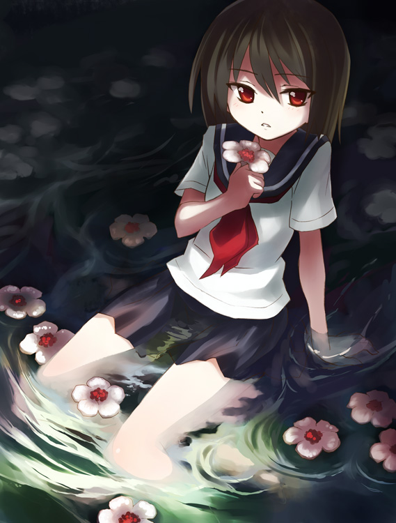oryo (oryo04), original, bad id, bad pixiv id, 1girl, arm support, brown hair, flower, parted lips, red eyes, school uniform, serafuku, short hair, sitting, water