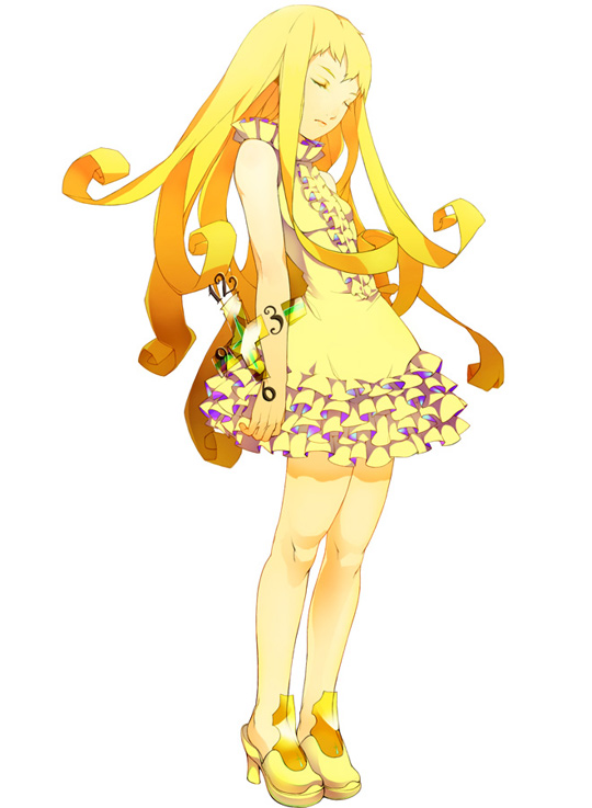 tsujisaki, bad id, bad pixiv id, blonde hair, closed eyes, dress, flat chest, frills, long hair, simple background, solo, standing, very long hair, white background