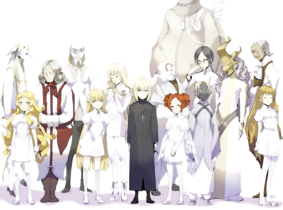 tsujisaki, original, white legwear, bad id, bad pixiv id, 6+boys, 6+girls, dress, everyone, lineup, multiple boys, multiple girls, pantyhose, thighhighs, white dress, white theme