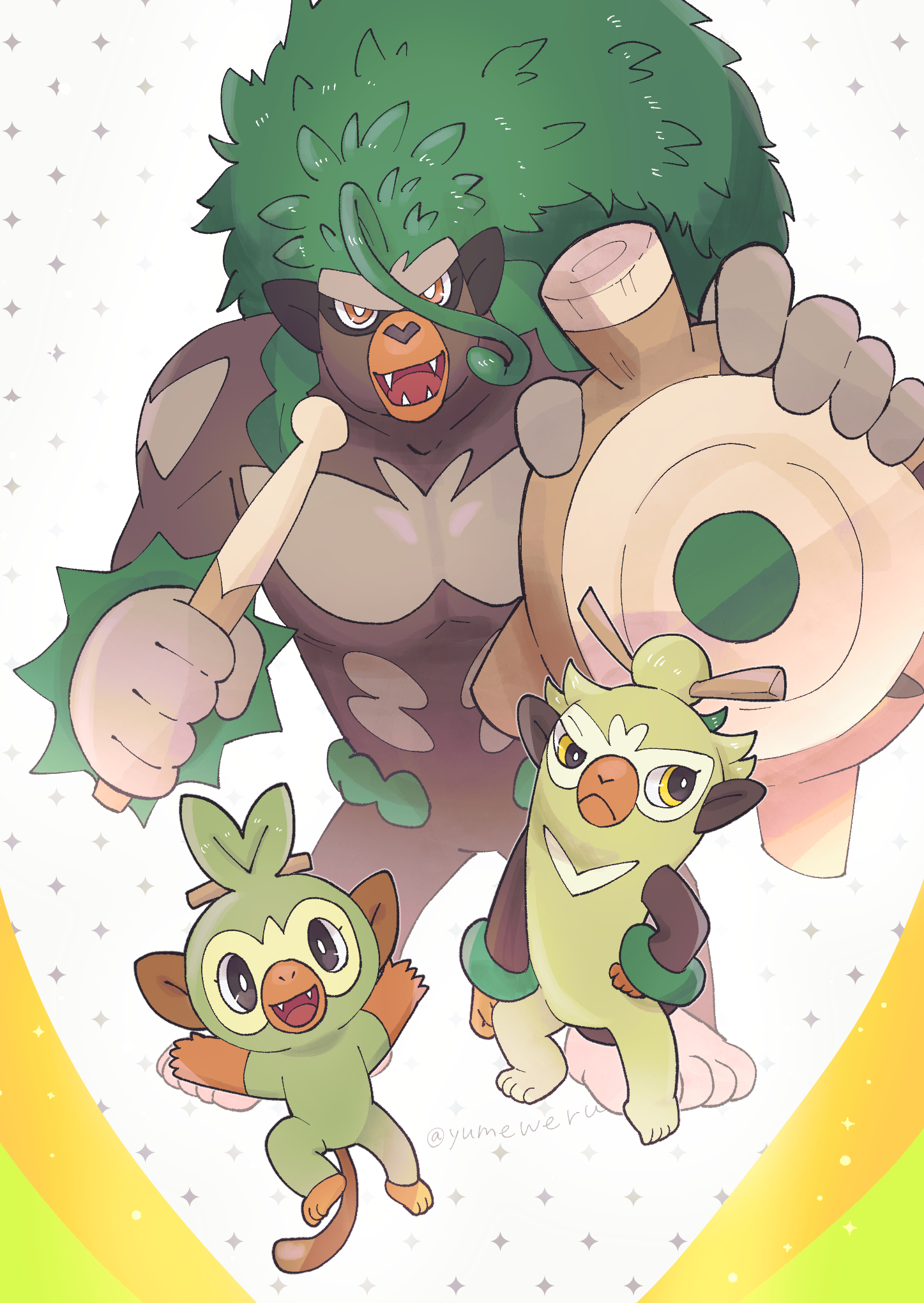 grookey, rillaboom, thwackey, nintendo, pokemon, highres, artist name, brown eyes, brown fur, drumsticks, evolutionary line, gen 8 pokemon, green hair, holding, holding drumsticks, long hair, looking at viewer, open mouth, pokemon (creature), user genr3375