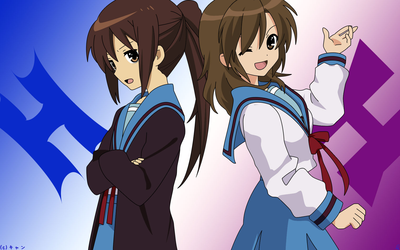 koizumi itsuki, koizumi itsuki (female), kyonko, suzumiya haruhi no yuuutsu, highres, 00s, 2girls, back-to-back, brown eyes, brown hair, cardigan, crossed arms, genderswap, genderswap (mtf), h (letter), multiple girls, one eye closed, ponytail, school uniform, serafuku, wink