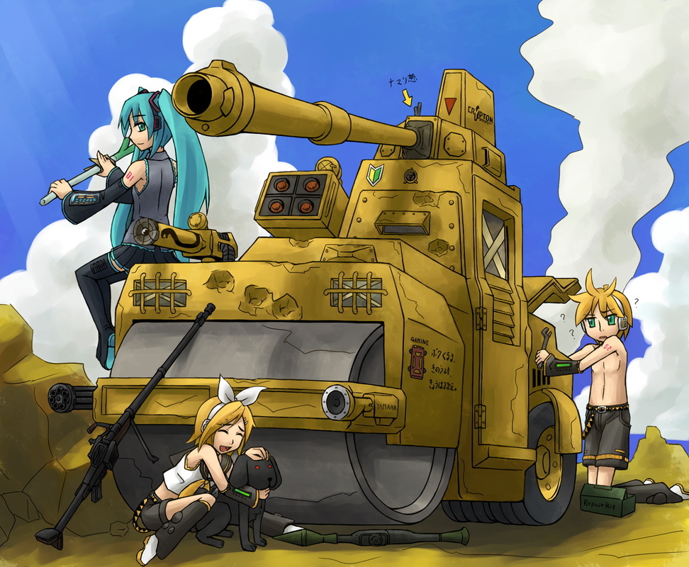 hatsune miku, kagamine len, kagamine rin, ru-chans, vocaloid, vehicle, 1boy, 2girls, aqua hair, blonde hair, brother and sister, dog, gatling gun, green eyes, gun, high-explosive anti-tank (warhead), man-portable anti-tank systems, military, military vehicle, motor vehicle, multiple girls, on tank, rocket-propelled grenade, rocket (projectile), rocket launcher, rpg, rpg-7, rpg (weapon), siblings, spring onion, steamroller, tank, twins, weapon