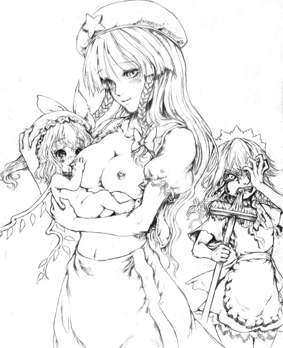 katzeh, flandre scarlet, hong meiling, izayoi sakuya, embodiment of scarlet devil, touhou, 3girls, age difference, aged down, angry, baby, blood, braid, breast envy, breastfeeding, breasts, female focus, greyscale, hat, long hair, monochrome, multiple girls, nipples, twin braids