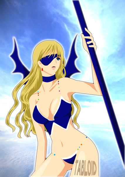 dragoon (final fantasy), rosa farrell, final fantasy, final fantasy iv, 1990s (style), 1girl, bat wings, breasts, class change, cleavage, dragoon, earrings, eyepatch, female focus, jewelry, large breasts, solo, wings