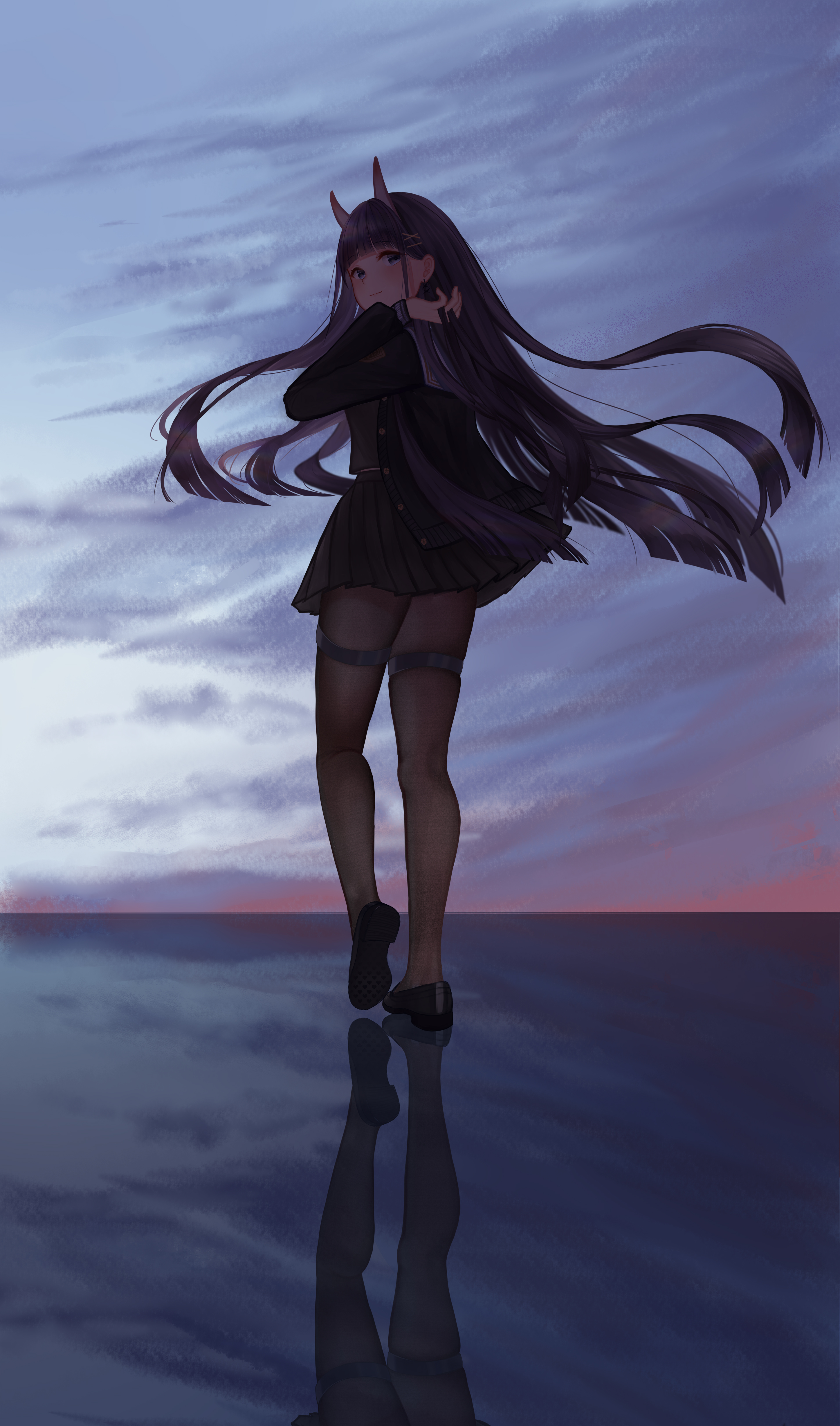 noshiro (azur lane), azur lane, absurdres, highres, 1girl, black hair, black serafuku, black shoes, black skirt, brown pantyhose, evening, from behind, h2co3 (820838), hair ornament, horns, long hair, long sleeves, looking at viewer, looking back, miniskirt, outdoors, pantyhose, pleated skirt, purple eyes, reflection, sailor collar, school uniform, serafuku, shoes, skin-covered horns, skirt, solo, thigh strap, very long hair, walking, walking on liquid, white sailor collar, x hair ornament