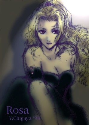 rosa farrell, final fantasy, final fantasy iv, lowres, 1990s (style), 1girl, black dress, blonde hair, breasts, character name, dress, female focus, solo