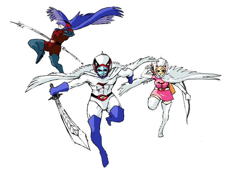 cain highwind, cecil harvey, joe the condor, jun the swan, ken the eagle, rosa farrell, final fantasy, final fantasy iv, gatchaman, 1girl, 2boys, cosplay, joe the condor (cosplay), jun the swan (cosplay), ken the eagle (cosplay), multiple boys, thighhighs