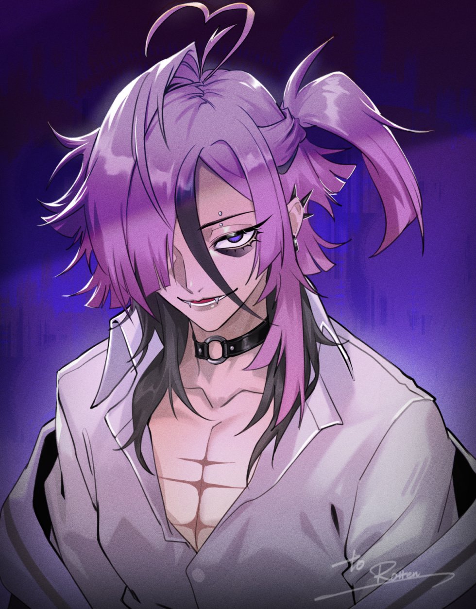 rukomata 99, original, commentary, commission, english commentary, highres, 1boy, ahoge, black choker, blue eyes, choker, collarbone, collared shirt, ear piercing, eyebrow piercing, face piercing, fangs, hair over one eye, looking at viewer, male focus, medium hair, o-ring, o-ring choker, one eye covered, parted lips, piercing, purple background, purple hair, shirt, smile, solo, upper body, white shirt