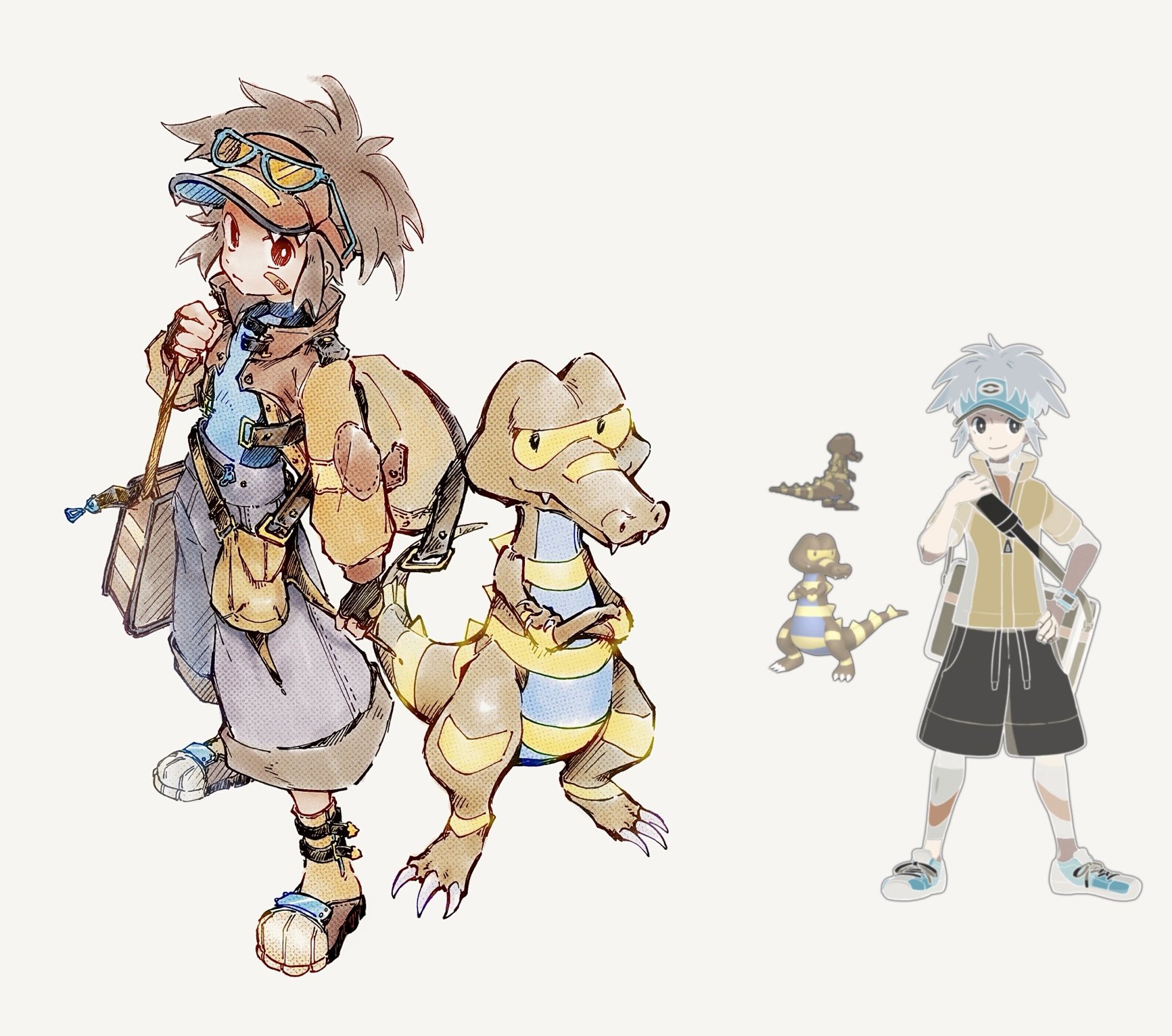 tan carbonnn, krokorok, nate (pokemon), nintendo, pokemon, pokemon bw2, commentary request, highres, 1boy, alternate costume, bag, bandaid, bandaid on face, boots, bright pupils, brown eyes, brown hair, brown jacket, closed mouth, eyewear on headwear, gen 5 pokemon, grey background, grey pants, holding strap, jacket, looking at viewer, male focus, pants, pokemon (creature), standing, sunglasses, visor cap, white pupils