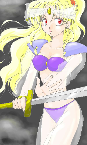 mystic knight, rosa farrell, final fantasy, final fantasy iv, lowres, 1990s (style), 1girl, bikini, breasts, class change, cleavage, female focus, holding, holding sword, holding weapon, oekaki, ponytail, retro artstyle, solo, swimsuit, sword, weapon