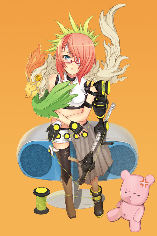 char, original, bad id, bad pixiv id, 1girl, :o, anger vein, asymmetrical footwear, black thighhighs, blush, eyepatch, female focus, glasses, gloves, hair over one eye, midriff, mismatched footwear, monster, orange background, pink hair, red-framed eyewear, semi-rimless eyewear, short hair, simple background, solo, spool, stuffed animal, stuffed toy, teddy bear, thighhighs