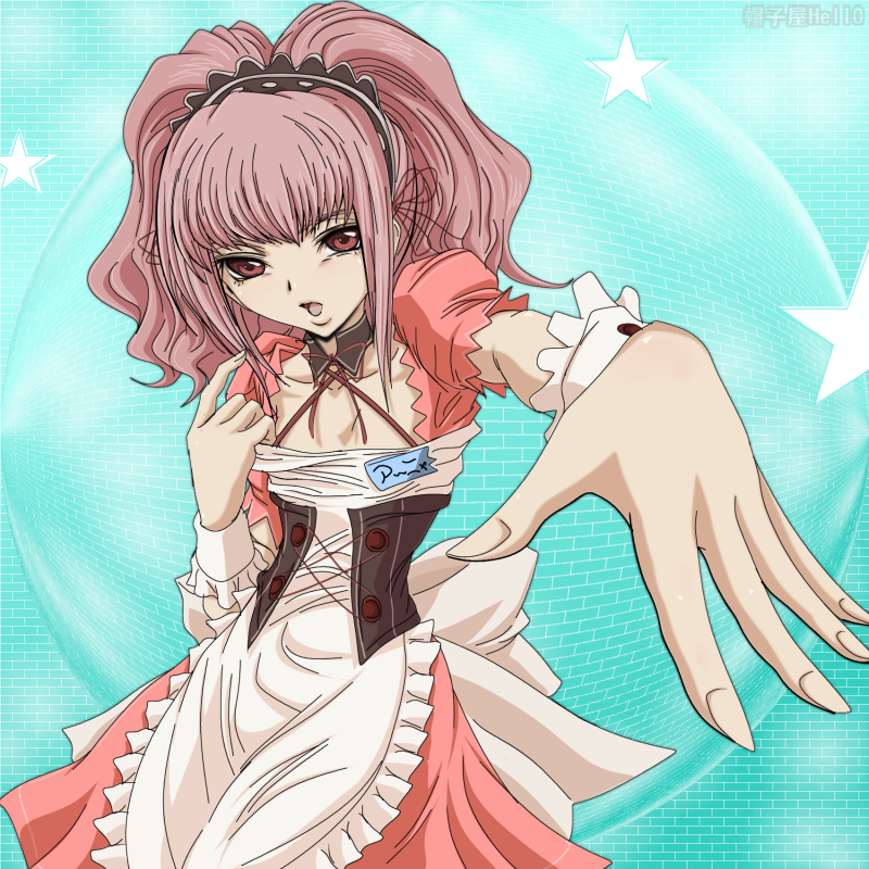 anya alstreim, asahina mikuru, gotou yuuko, stephanie sheh, code geass, suzumiya haruhi no yuuutsu, 1girl, asahina mikuru (cosplay), corset, cosplay, female focus, pink hair, red eyes, solo, voice actor connection, waitress, wrist cuffs