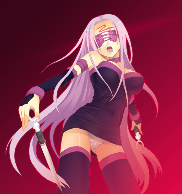 char, medusa (fate), medusa (rider) (fate), fate/stay night, fate (series), 00s, 1girl, black thighhighs, blindfold, choker, dress, dual wielding, elbow gloves, female focus, gloves, holding, long hair, open mouth, panties, pantyshot, pink hair, simple background, solo, strapless, strapless dress, thighhighs, tube dress, underwear, very long hair, weapon, white panties