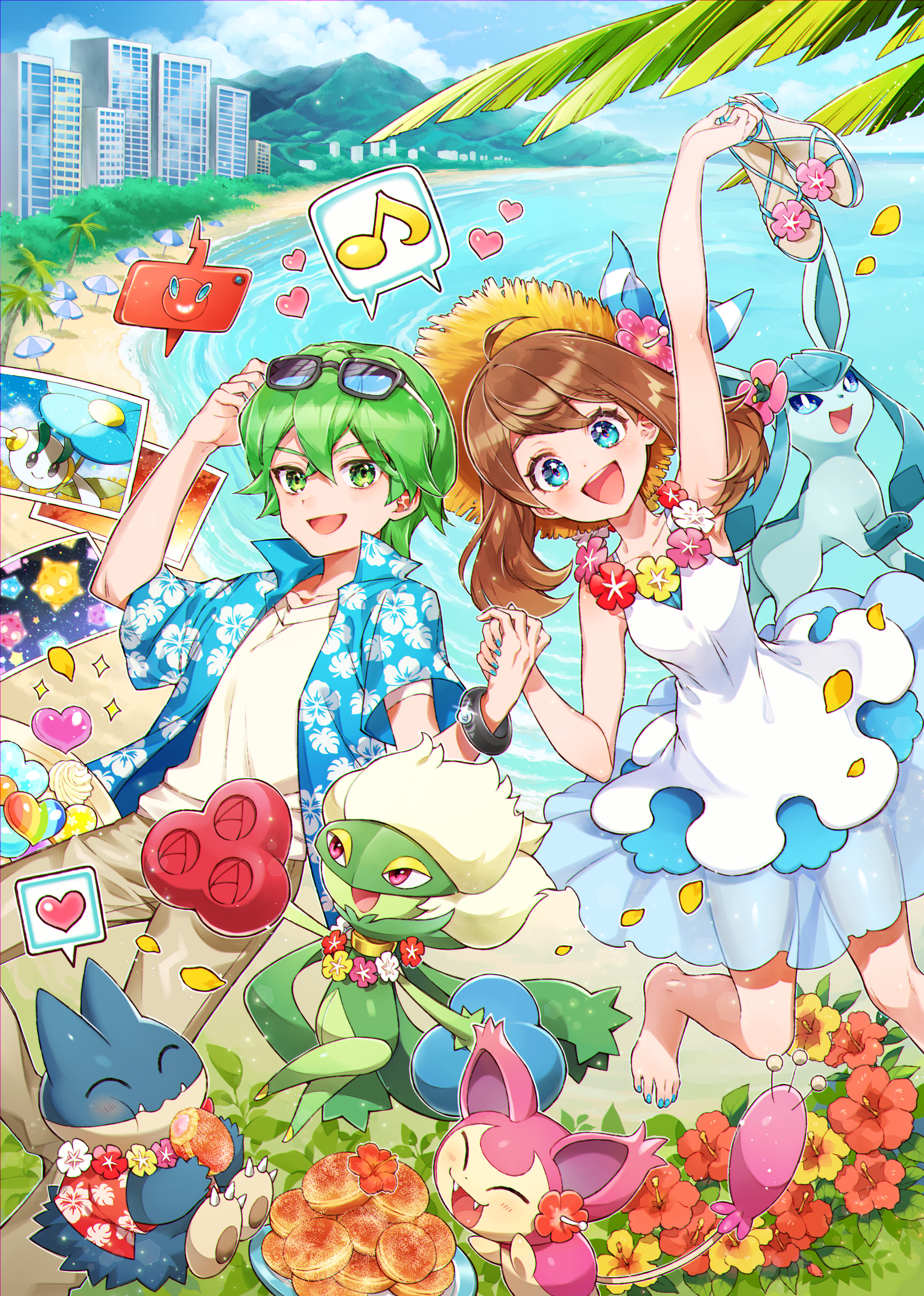 sasairebun, comfey, drew (pokemon), glaceon, may (pokemon), munchlax, roserade, rotom, rotom phone, skitty, nintendo, pokemon, pokemon (anime), pokemon rse (anime), absurdres, commentary request, highres, 1boy, 1girl, :d, alternate costume, arm up, barefoot, beach, blue eyes, bracelet, brown hair, building, cloud, day, dress, falling petals, gen 3 pokemon, gen 4 pokemon, gen 7 pokemon, green eyes, green hair, happy, heart, holding, holding hands, holding shoes, holding unworn clothes, jewelry, musical note, open mouth, outdoors, palm tree, pants, petals, photo (object), pokemon (creature), shirt, shoes, shore, sky, sleeveless, sleeveless dress, smile, spoken heart, spoken musical note, tree, undershirt, unworn shoes, water, white dress