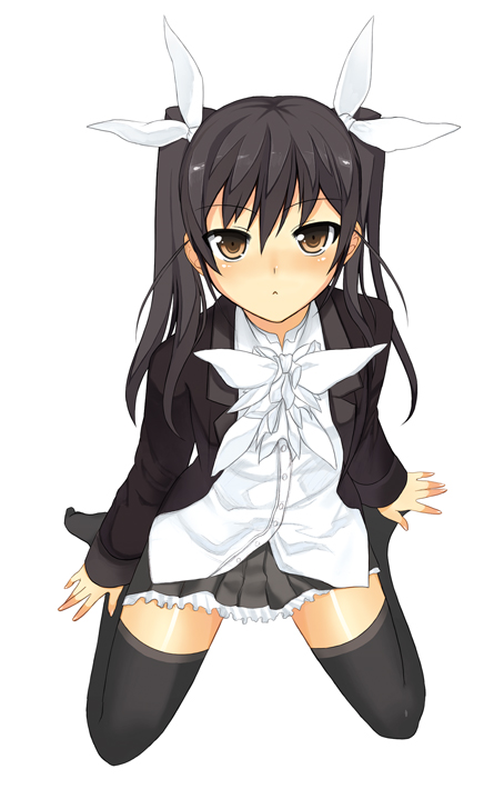 char, bad id, bad pixiv id, 1girl, black hair, blush, brown eyes, female focus, hair ribbon, kneeling, long hair, ribbon, skirt, solo, thighhighs, twintails