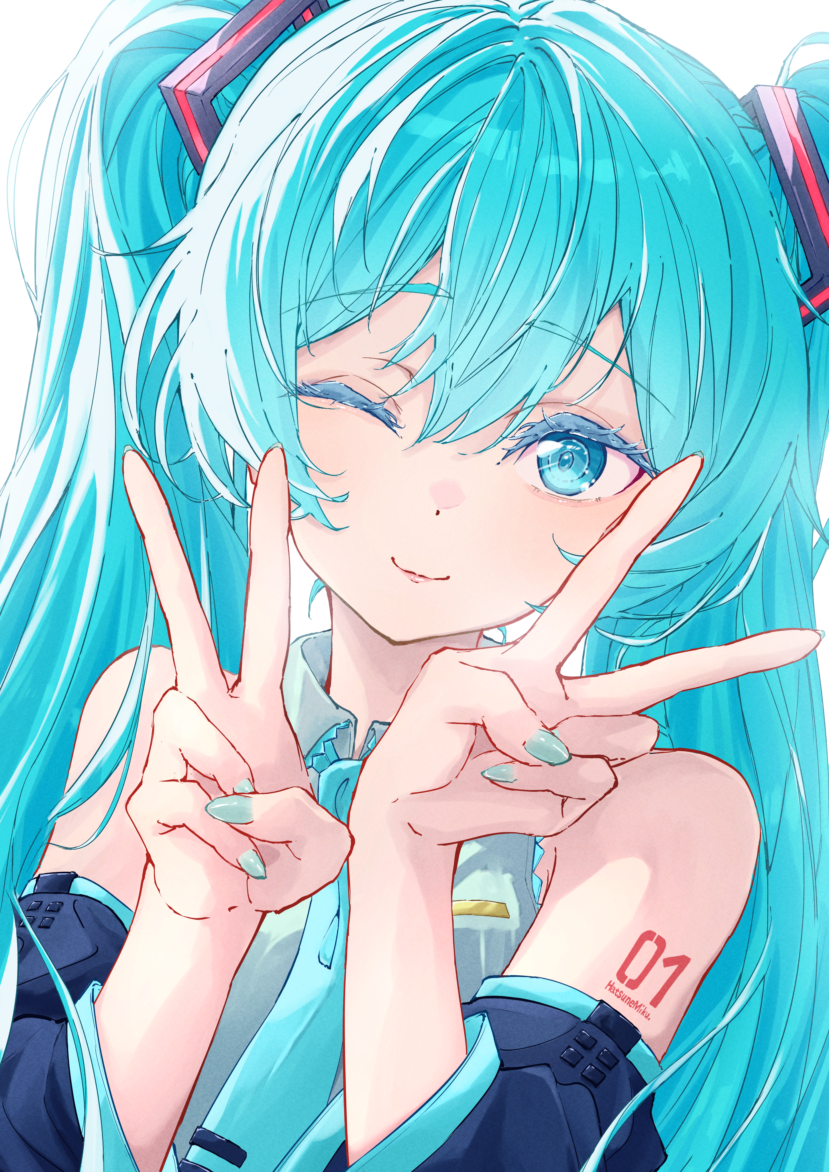 no renor en, hatsune miku, vocaloid, absurdres, highres, 1girl, aqua nails, aqua necktie, aqua trim, arm tattoo, closed mouth, collared shirt, detached sleeves, double v, grey shirt, hair between eyes, hair ornament, long hair, long sleeves, looking at viewer, necktie, number tattoo, one eye closed, shirt, simple background, sleeveless, sleeveless shirt, smile, solo, tattoo, twintails, v, very long hair, white background, wide sleeves