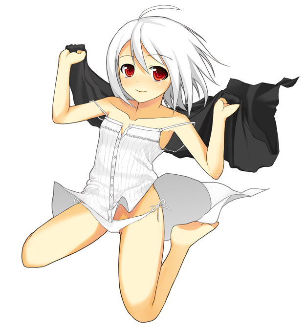 char, original, bad id, bad pixiv id, ahoge, albino, barefoot, kneeling, panties, red eyes, short hair, side-tie panties, smile, solo, strap slip, underwear, white hair