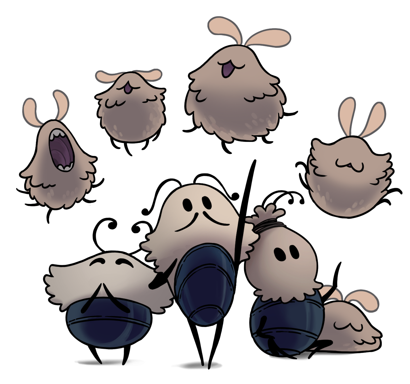 hollow knight, hollow knight: silksong, highres, official art, 1girl, 2boys, 5others, :3, antennae, ari gibson, arm up, bug, facial hair, flea (hollow knight), fleamaster mooshka (hollow knight), flying, grishkin (hollow knight), headband, mini wings, multiple boys, multiple others, mustache, no eyes, no mouth, open mouth, sitting, teeth, transparent background, varga (hollow knight), wings