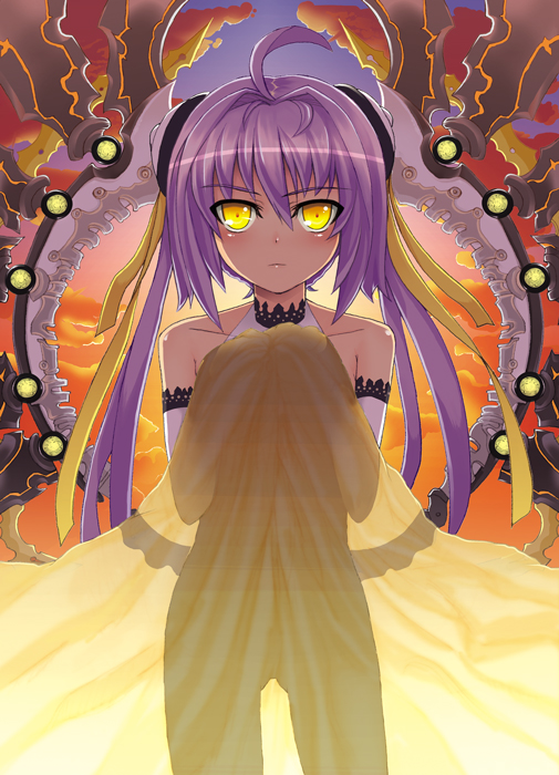 char, original, bad id, bad pixiv id, 1girl, ahoge, bare shoulders, blush, elbow gloves, female focus, gloves, head accessory, long hair, purple hair, see-through clothes, see-through silhouette, solo, twintails, yellow eyes