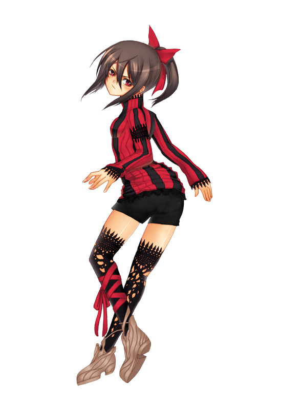 char, striped, back, blush, brown hair, looking back, ponytail, red eyes, solo, thighhighs