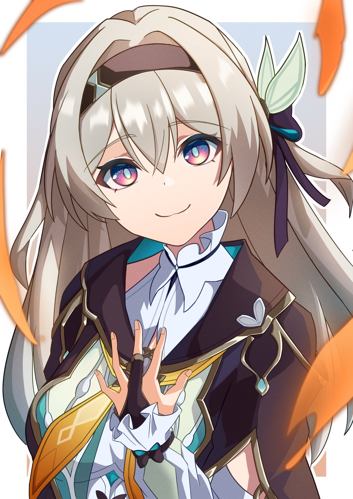 mikemaru illust, firefly (honkai: star rail), honkai: star rail, honkai (series), highres, 1girl, black hairband, black jacket, breasts, bridal gauntlets, closed mouth, dot nose, dress, grey hair, hair between eyes, hair ornament, hairband, hand on own chest, jacket, long hair, looking at viewer, medium breasts, neckerchief, orange neckerchief, pink eyes, smile, solo, upper body, very long hair, white dress