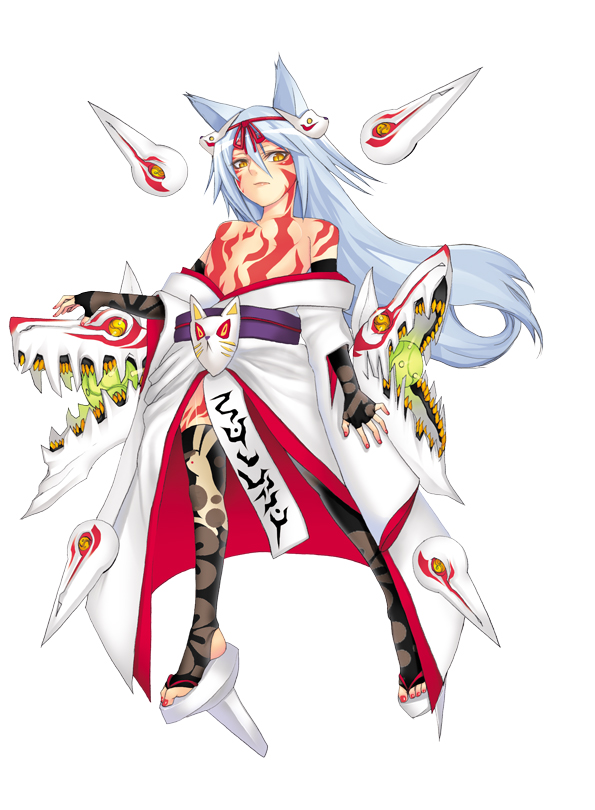 char, amaterasu (ookami), ookami (game), 1girl, animal ears, bare shoulders, blue hair, elbow gloves, epic, female focus, gloves, japanese clothes, kimono, long hair, personification, solo, tattoo, thighhighs