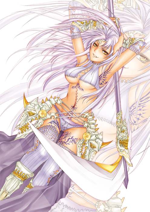 char, 1girl, armpits, blush, breasts, elbow gloves, female focus, gloves, large breasts, long hair, panties, scythe, smile, solo, tattoo, thighhighs, underboob, underwear