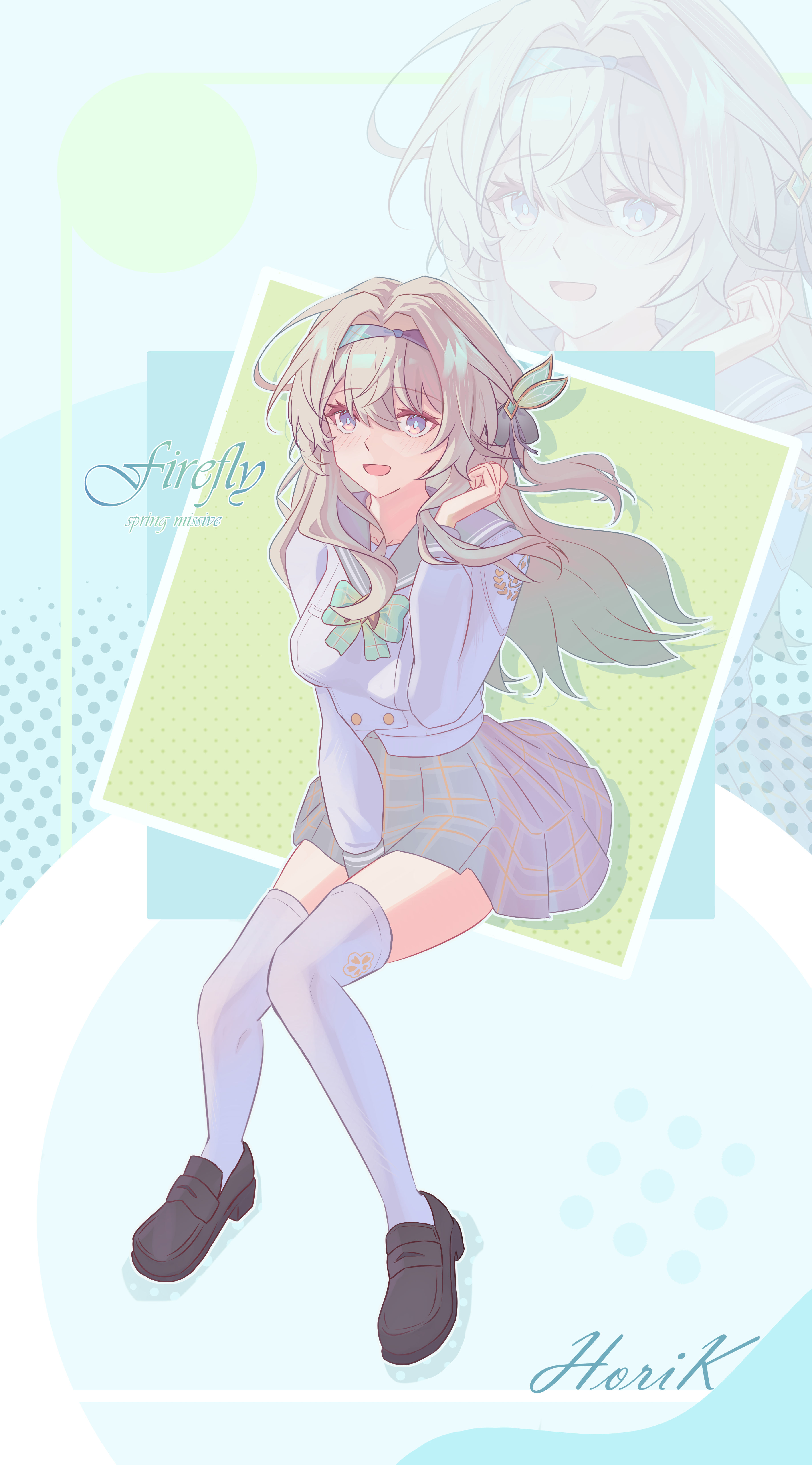 horik 22, firefly (honkai: star rail), firefly (spring missive) (honkai: star rail), honkai: star rail, honkai (series), absurdres, highres, 1girl, arm between legs, black hairband, blush, bow, character name, gradient hair, green bow, green hair, grey hair, grey skirt, hair between eyes, hair intakes, hairband, long hair, looking at viewer, multicolored hair, official alternate costume, open mouth, pink eyes, plaid bow, plaid clothes, plaid skirt, school uniform, serafuku, skirt, smile, thighhighs, white thighhighs