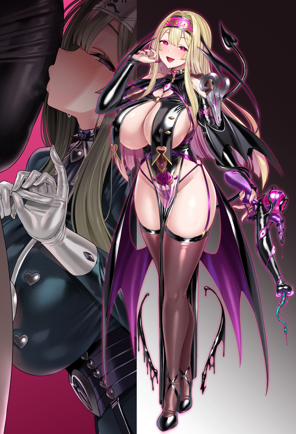 satou kuuki, exosister irene, yu-gi-oh!, highres, 1boy, 1girl, black thighhighs, blonde hair, blush, breast curtains, breasts, bridal gauntlets, bulge, corruption, demon girl, demon tail, demon wings, dildo, erection, erection under clothes, gloves, hairband, holding, holding sex toy, kissing bulge, large breasts, looking at viewer, multiple views, nun, pelvic curtain, penetration gesture, pink eyes, pink nails, pubic tattoo, sex toy, shiny clothes, smile, sweatdrop, tail, tattoo, thighhighs, white gloves, wings