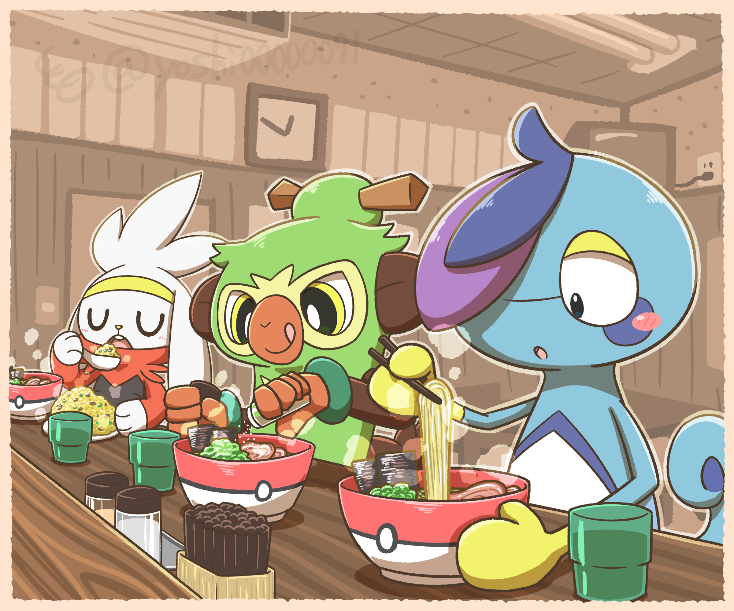 yoshio (yoshi00000091), drizzile, raboot, thwackey, nintendo, pokemon, highres, blue skin, chopsticks, closed eyes, colored skin, food, gen 8 pokemon, green fur, indoors, no humans, noodles, open mouth, poke ball print, pokemon (creature), ramen, white fur