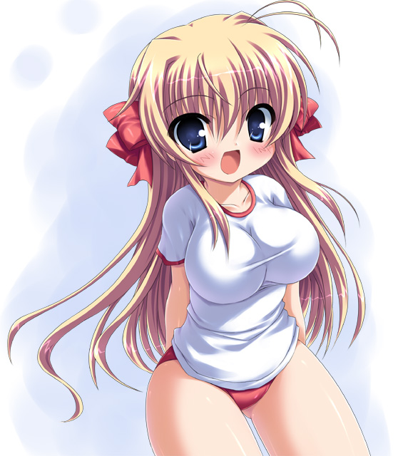 takeponi, sendou erika, fortune arterial, antenna hair, blonde hair, blue eyes, blush, breasts, buruma, gym uniform, large breasts, long hair, ribbon, solo