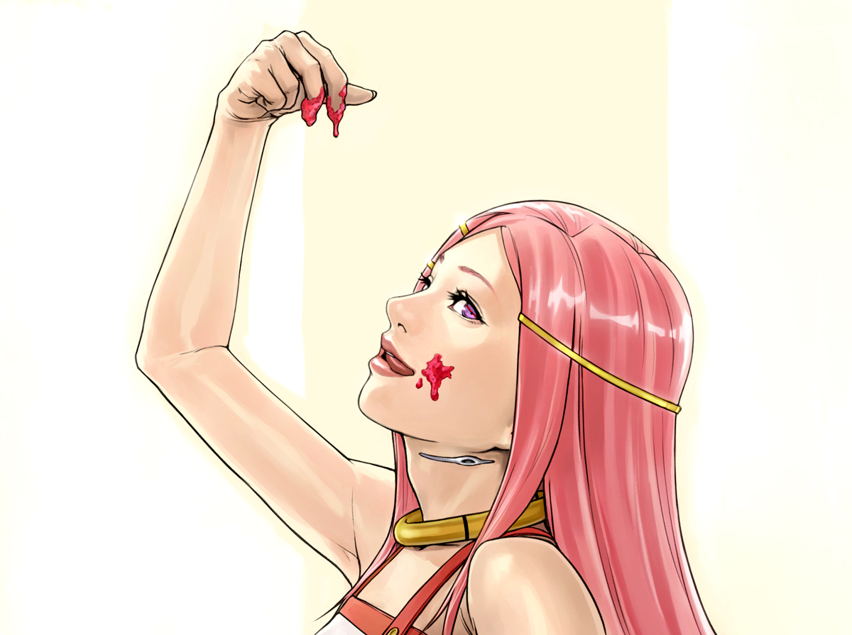lie-on, shuichi wada, anemone (eureka seven), eureka seven, eureka seven (series), 00s, 1girl, collar, female focus, food, fruit, hair ornament, hairclip, jam, lips, long hair, pink hair, purple eyes, realistic, solo, strawberry, tongue