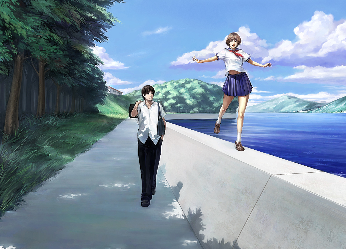 lie-on, shuichi wada, black footwear, brown footwear, wall, white legwear, 1boy, 1girl, bag, balancing, black pants, blouse, blue skirt, blue sky, cloud, concrete, couple, day, grass, happy, hetero, hill, holding, holding bag, loafers, navel, neckerchief, outdoors, outstretched arms, pants, parted lips, pleated skirt, river, school bag, school uniform, serafuku, shirt, shoes, short hair, short sleeves, sidewalk, skirt, sky, slice of life, smile, socks, spread arms, sunlight, tree, tree shade, walking, wallwalking, water, white shirt