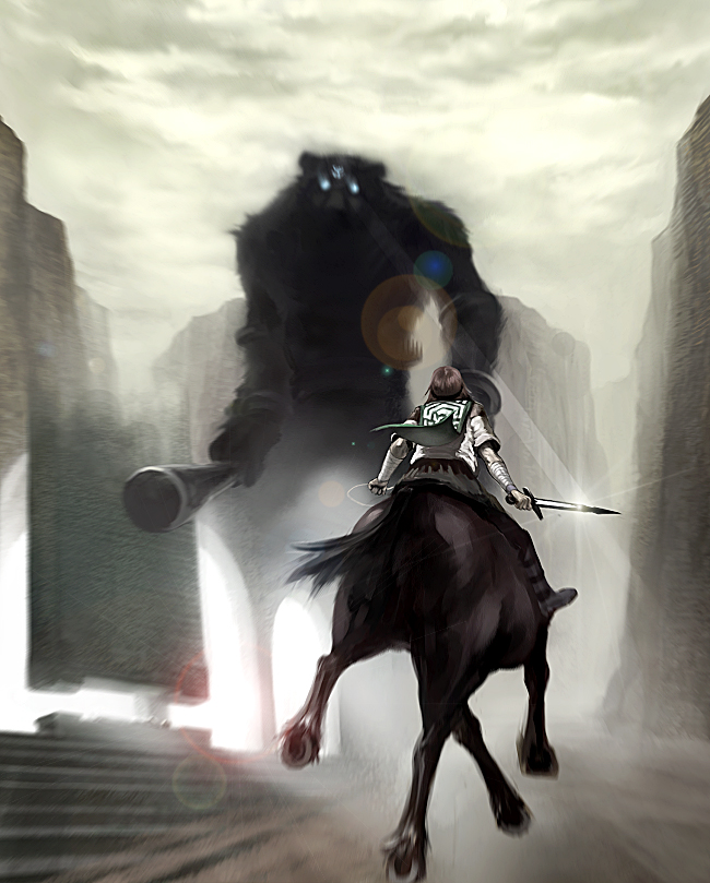 lie-on, shuichi wada, agro, mono (shadow of the colossus), valus (shadow of the colossus), wander (shadow of the colossus), shadow of the colossus, 1boy, 1girl, colossus, epic, fusion, game console, giant, horse, monster, playstation 2, riding, surcoat, sword, video game, weapon