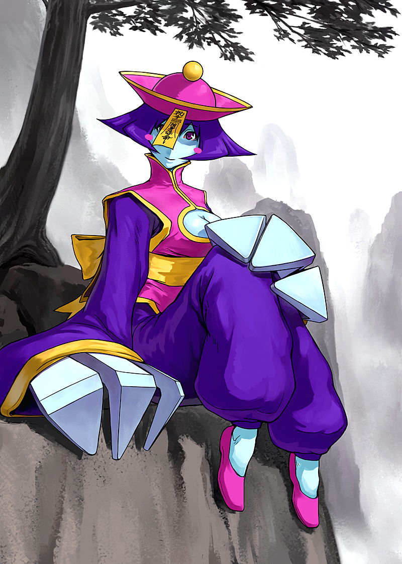 lie-on, shuichi wada, hsien-ko, capcom, darkstalkers, 1girl, blue skin, blush stickers, breasts, chinese clothes, claw (weapon), claws, cleavage, cleavage cutout, clothing cutout, colored skin, female focus, flipped hair, hat, jiangshi, looking at viewer, medium breasts, mountain, ofuda, pink eyes, purple hair, qingdai guanmao, short hair, sitting, smile, solo, tree, weapon