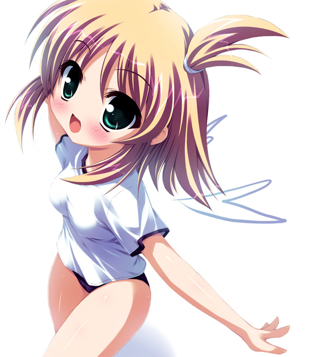takeponi, blonde hair, blush, buruma, green eyes, gym uniform, short twintails, solo, twintails
