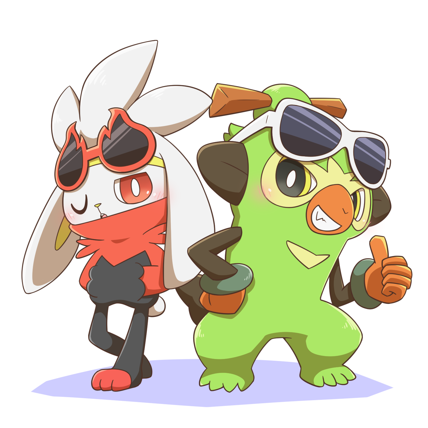 yoshio (yoshi00000091), raboot, thwackey, nintendo, pokemon, highres, bright pupils, eyewear on head, gen 8 pokemon, green fur, grin, looking at viewer, one eye closed, pokemon (creature), red-framed eyewear, red eyes, simple background, smile, sunglasses, thumbs up, white-framed eyewear, white background, white pupils