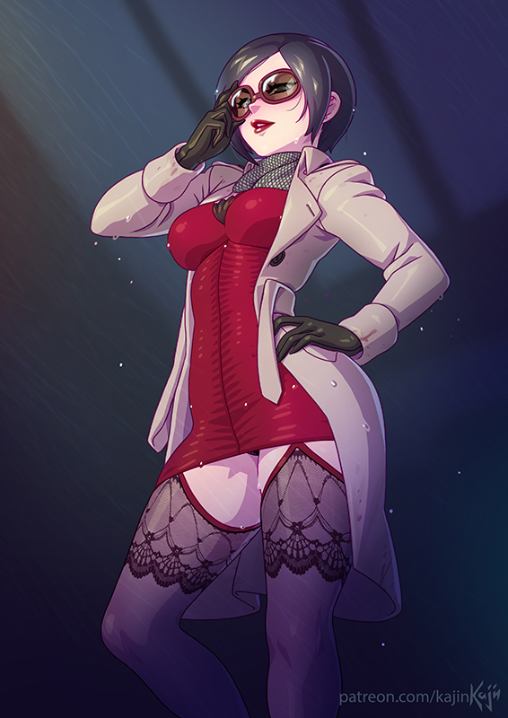 kajin (kajinman), ada wong, resident evil, resident evil 2, commentary, english commentary, 1girl, artist name, black hair, black pantyhose, breasts, coat, grey coat, long sleeves, looking at viewer, medium breasts, open clothes, open coat, panties, pantyhose, pantyshot, patreon username, red lips, short hair, solo, sunglasses, thighs, underwear, water drop, watermark, web address