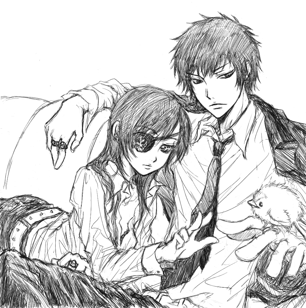 chrome dokuro, hibari kyouya, hibird, katekyo hitman reborn!, 00s, 1boy, 1girl, cleavage, eyepatch, formal clothes, greyscale, monochrome, sketch, white background
