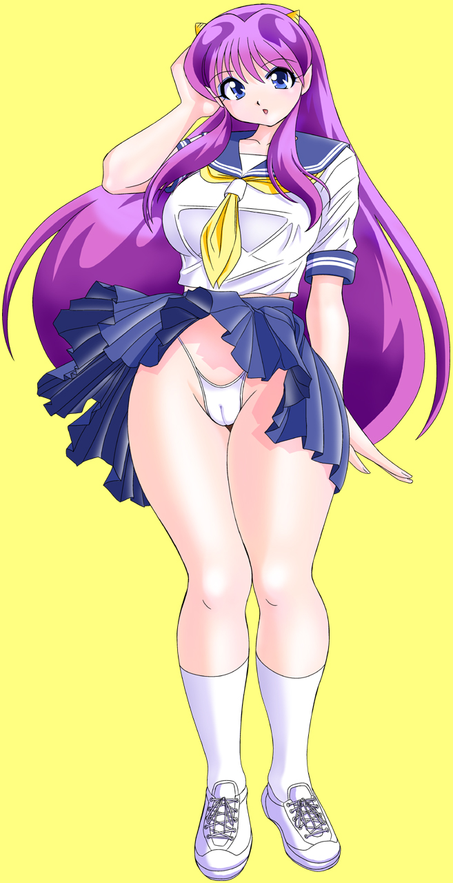 okamoto fujio, lum, urusei yatsura, highres, non-web source, 1girl, alternate eye color, alternate hair color, blue skirt, cleft of venus, clothes lift, cone horns, female focus, full body, highleg, highleg panties, horns, kneehighs, long hair, panties, pantyshot, pleated skirt, pointy ears, purple eyes, purple hair, school uniform, serafuku, simple background, skirt, skirt lift, socks, solo, standing, striped horns, thighs, underwear, very long hair, white panties, white socks, wind, yellow background, yellow horns