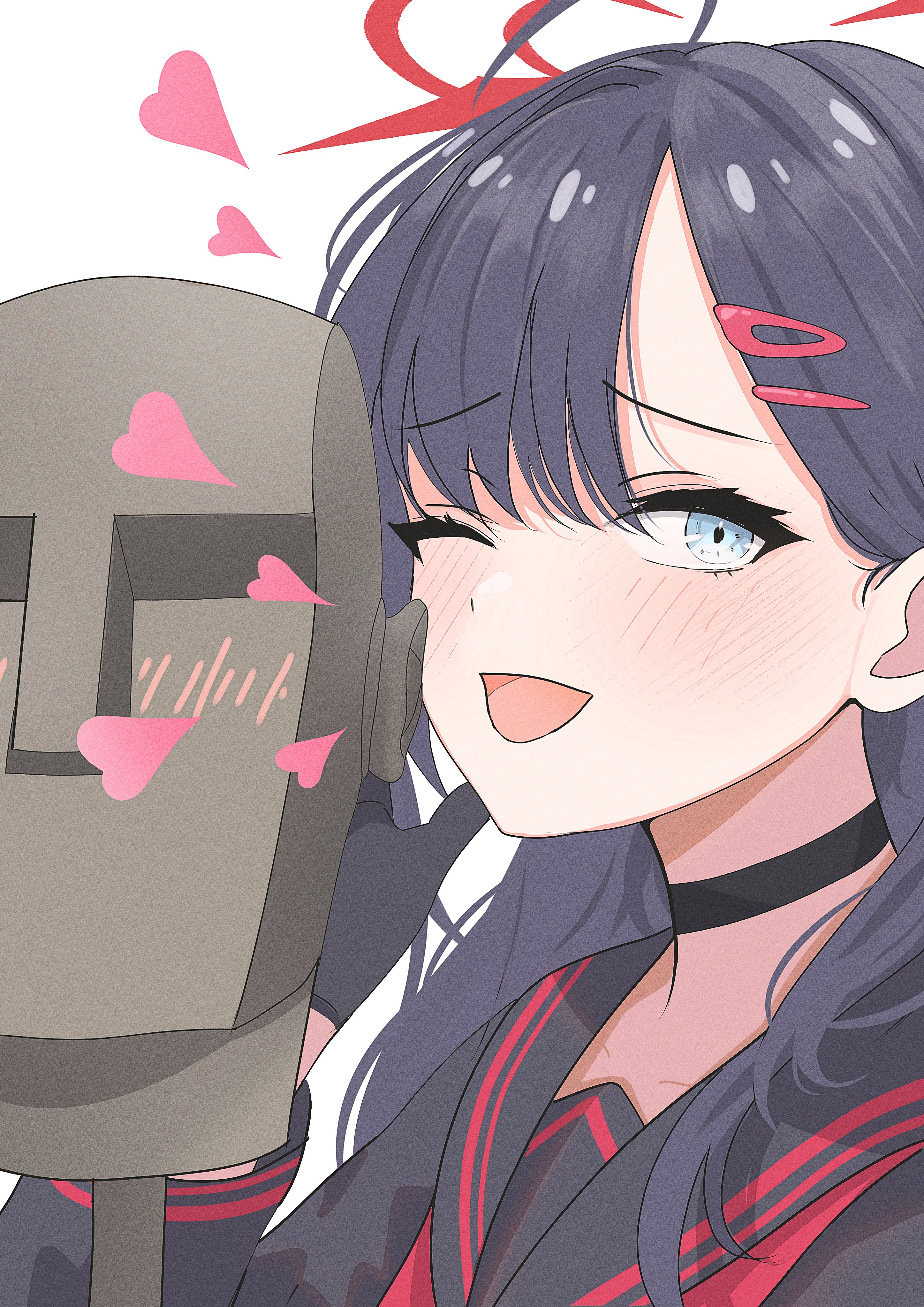 himmel gewalt, ichika (blue archive), blue archive, absurdres, commentary, highres, 1girl, ;d, ahoge, black choker, black gloves, black hair, black sailor collar, black shirt, blue eyes, blush, choker, easter island, eyelashes, furrowed brow, gloves, hair behind ear, hair between eyes, hair ornament, hairclip, hand up, heart, long hair, long sleeves, looking at viewer, moai, one eye closed, open mouth, parallel hairclips, sailor collar, school uniform, serafuku, shirt, simple background, smile, solo, straight hair, tsurime, unusually open eyes, upper body, whispering, whispering in ear, white background