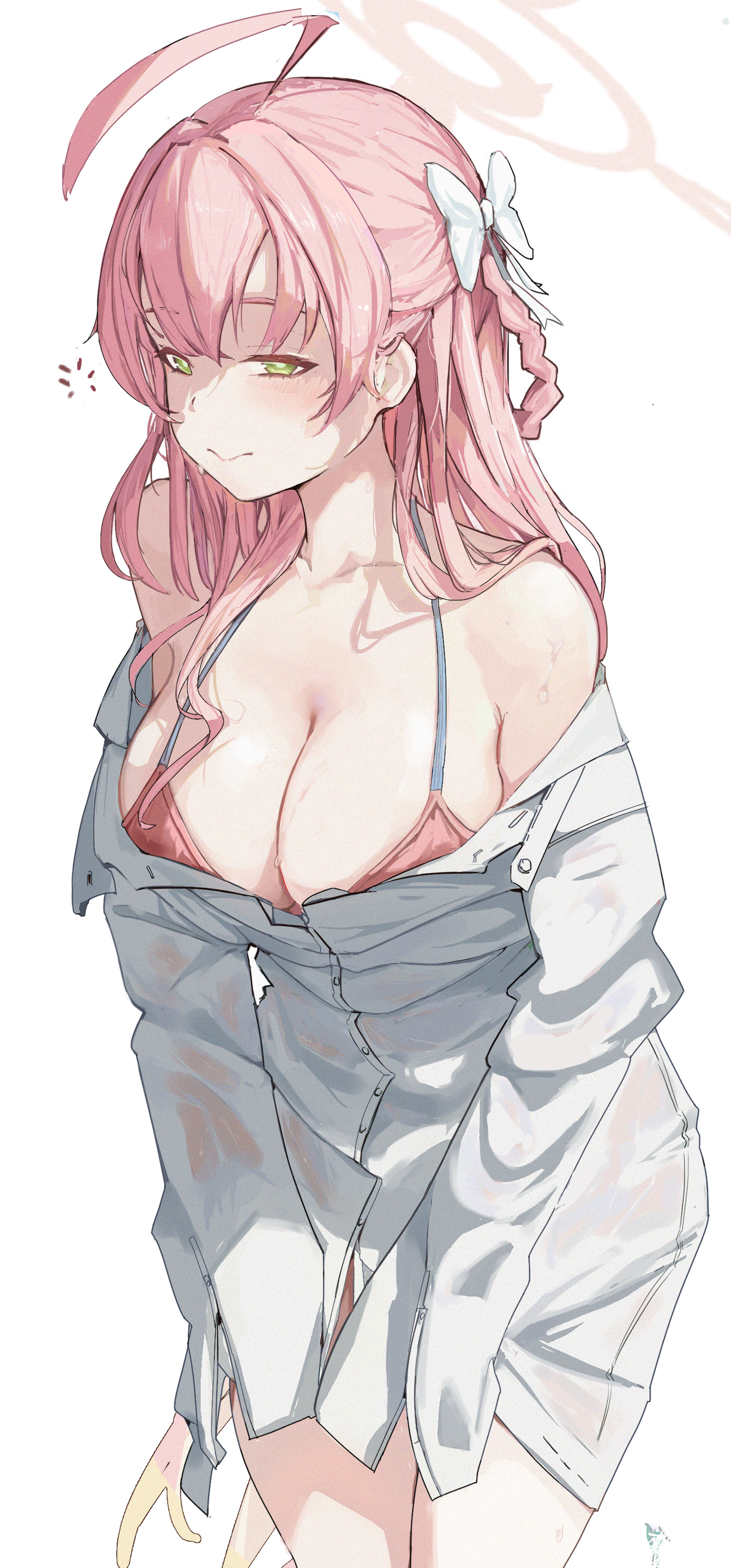 wturnip, hanako (blue archive), hanako (swimsuit) (blue archive), blue archive, absurdres, highres, 1girl, ahoge, bikini, breasts, cleavage, collared shirt, cowboy shot, green eyes, halo, large breasts, long hair, official alternate costume, partially unbuttoned, pink bikini, pink hair, pink halo, shirt, simple background, solo, swimsuit, white background, white shirt